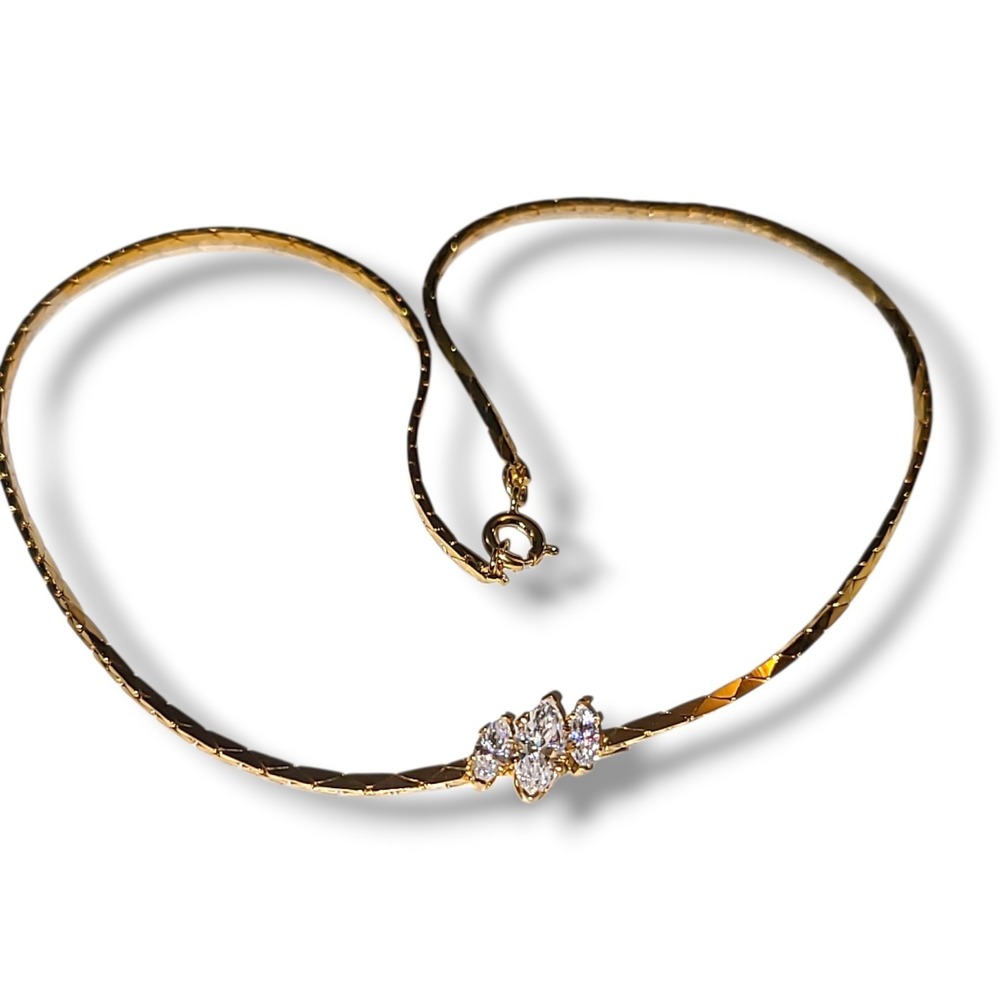 Vintage Gold Tone Herringbone Necklace CZ Marquise‎ Accent 16.5" Dainty 2mm